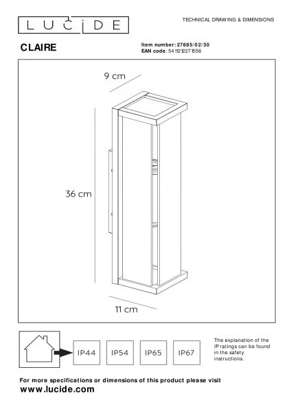 Lucide CLAIRE - Lámpara de pared Dentro/Fuera - 2xE27 - IP54 - Antracita - técnico